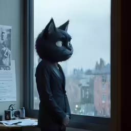 a cat is standing in a suit in a room with a view