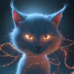 an animated white cat is lit up with orange eyes