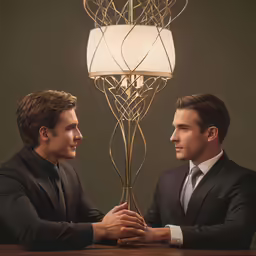 two men looking at each other beside a table lamp