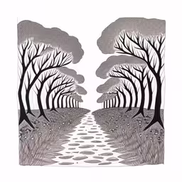 two trees with no leaves and one tree without leaves is shown,a drawing of a river with trees in it,a drawing of trees in the middle of a river,a black and white drawing of trees with rocks in the foreground,an illustration of a pathway that appears to be surrounded by trees and grass