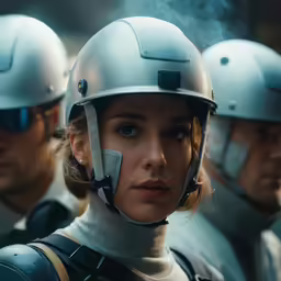 a woman in full armor standing next to a group of men