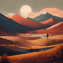 the lone man walks through a desert with his belongings,an image of a man walking in the mountains