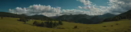 a green landscape and clouds are behind mountains