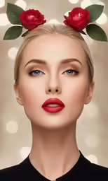 a model with a red rose hair clip on her head