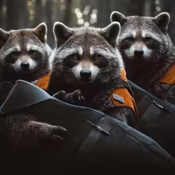 three raccoons wearing backpacks stand in a forest