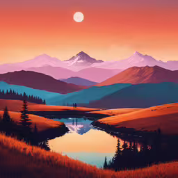 the mountain landscape shows some colorful colors,colorful mountains and water with the sun setting