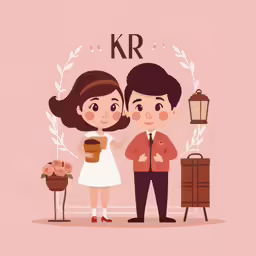 the couple holds a bouquet on their hands, the text kr is in a wreath and a lamp above them