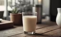 a close up of a glass of milk on a table