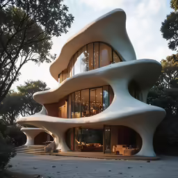 a white house with very unique windows and curves