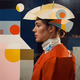a woman with a hat on her head,a model wears colorful geometric print for the runway