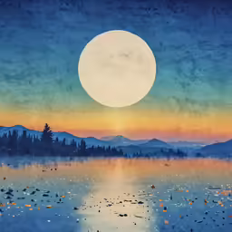 this painting shows the full moon in the sky, and is very artistic