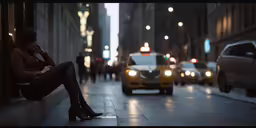 woman sits on the ledge of a busy street as the taxi drives through it