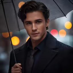 a man in a business suit, black shirt and tie is holding an umbrella