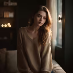 a woman sitting on a couch in a room with a window
