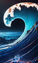 a picture of an ocean wave with the ocean in the foreground,a big ocean wave in the middle of some land