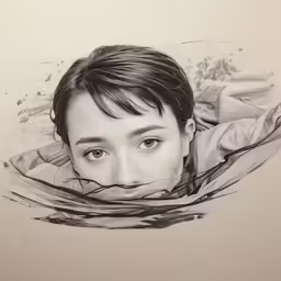 a girl looks out from the fabric to check her face