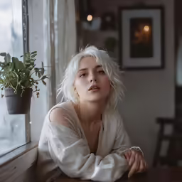 a woman with white hair sitting in front of a window