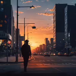 a man walking down the street in front of some tall buildings