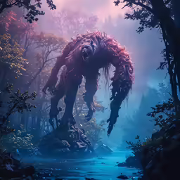 a giant creature is standing in a creek