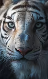 a white tiger with green eyes staring at the camera