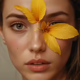 a woman with yellow flower covering her face