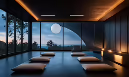 large windowed room with several white pillows lined up in front of the windows