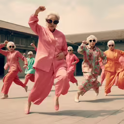 a group of older women in different outfits dance with each other,an older woman in a pink outfit is dancing with other women