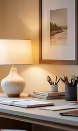 an office with pen holders and a lamp on top