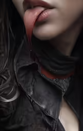 woman with leather jacket and scarf blowing on the tongue