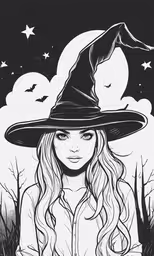 black and white drawing of a woman dressed as a witch with long hair,a girl wearing a witches hat and wearing long wavy hair
