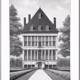 this drawing shows an old - fashioned house with a very long driveway