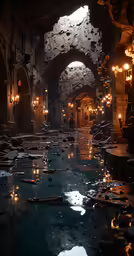an abandoned building with a fountain in the middle