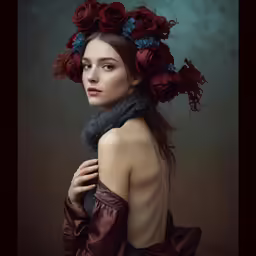 a woman with flowers in her hair wearing gloves