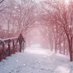 there is a person that is walking with her bike on the snowy road