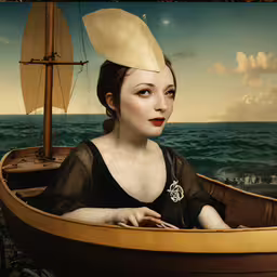 a painting with a woman in the boat,a painting of a lady on the boat wearing a hat