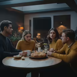 five people are eating bread and looking at a plate of fruit