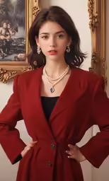 a woman standing next to a painting with pearls in her necklace