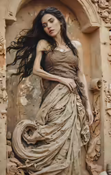 the woman is walking along an ancient archway