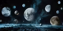 a series of planets floating in the space with rocks