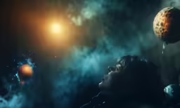 a young girl looks up at an orange in the sky