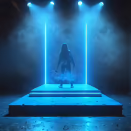 a stage with two men and a woman performing on stage with lights coming from their arms