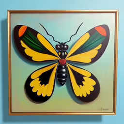 a painting of a yellow butterfly in a golden frame,a colorful butterfly is hanging up on a wall