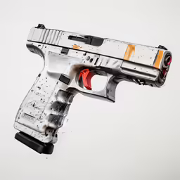a gun flying through the air with rain falling on it