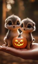 a little squirrel in the palm of someone holding a jack o lantern