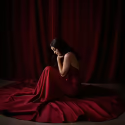 a woman is sitting on the floor while talking on a cell phone