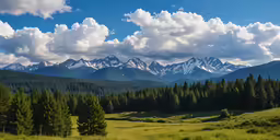 a field with many trees in the middle of a mountain range