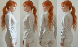 the woman with red hair is looking to the side