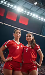 two women wearing red uniforms standing side by side