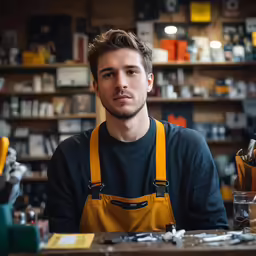 a man sits in front of an open shop