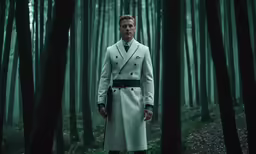 man in white trench coat standing in the woods